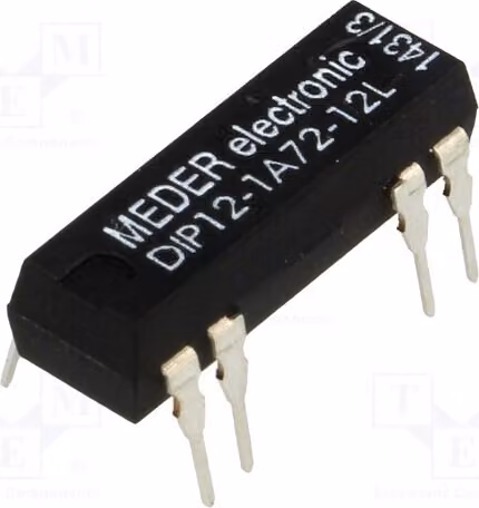 1 relè: Bobina Reed, 12 VDC, max. 200 VDC, 1 A, max. 200 VAC, modello DIP12-1A72-12L, marca Elektroma