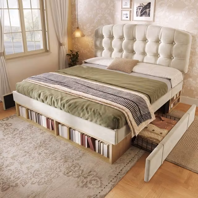 Letto matrimoniale imbottito 140x200 cm in velluto beige con cassetti e testiera regolabile