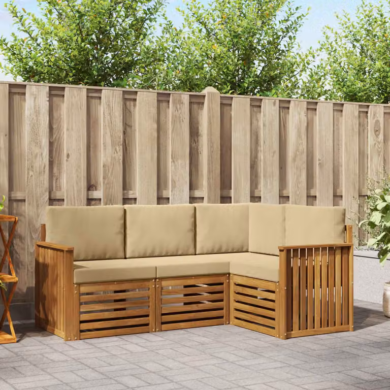 vidaXL Set di divani da esterno a L composto da 4 pezzi in legno di acacia con cuscini beige e marroni