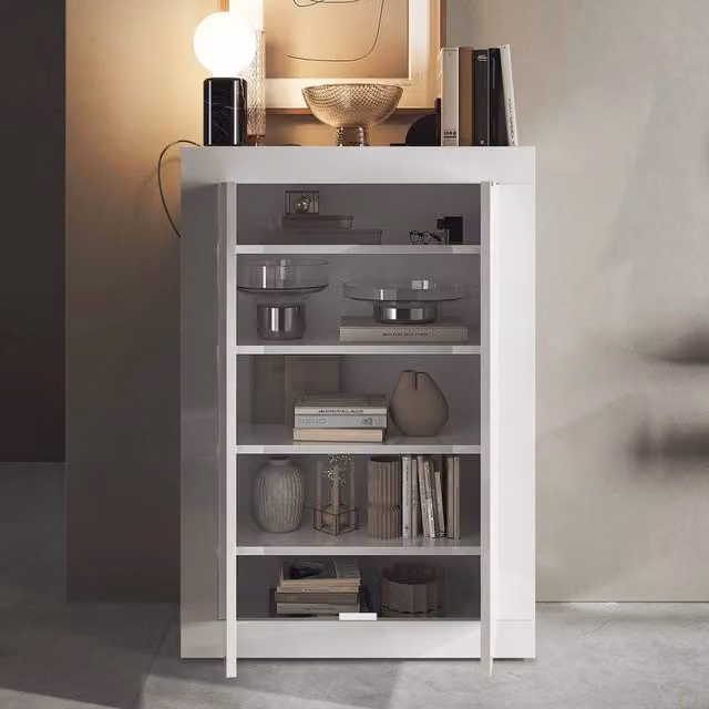 Armadio multiuso Bienvenu con 2 ante, mobile moderno bianco lucido per camera o bagno, L/P/H: 78 x 35 x 113 cm