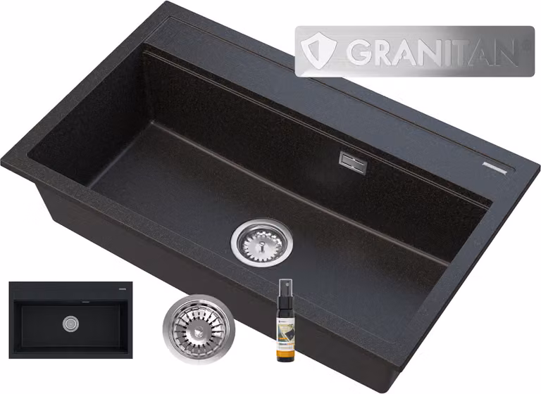 Granitan - Lavello in granito - Lavello da cucina - Nero-oro - con sifone - Lavello - ASTI