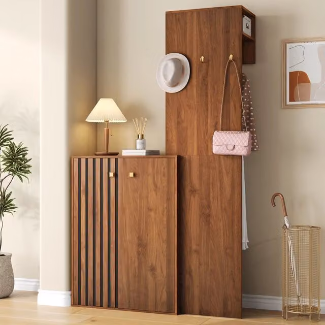 Guardaroba compatto 115x38.5x191.5 cm con scarpiera e ripiani regolabili in MDF noce