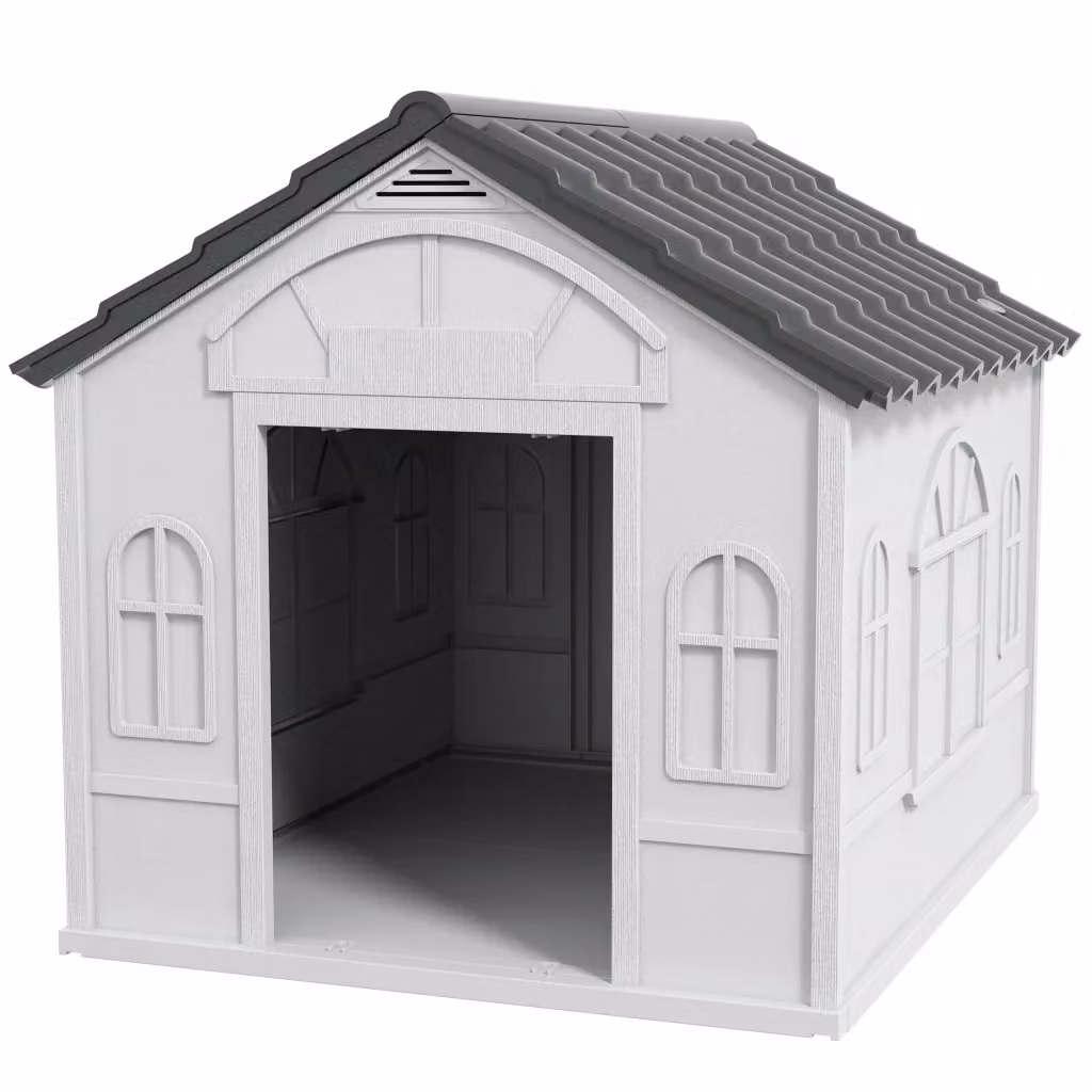 Casetta per cani in plastica impermeabile con tetto inclinato e porta di ingresso, Grigio, L: 84.2 cm, P: 98.2 cm, H: 82 cm – 2