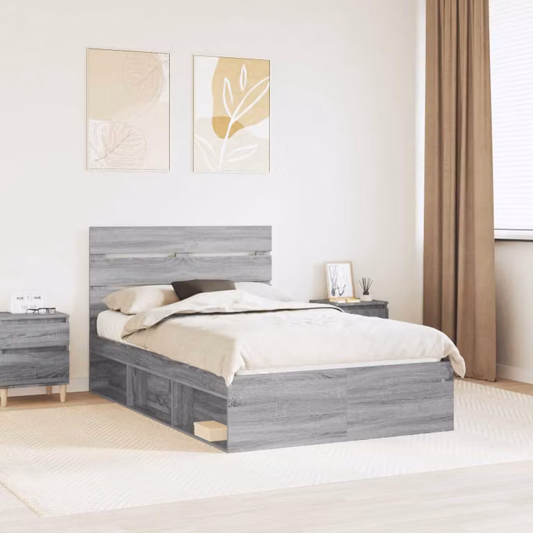 Struttura del letto vidaXL in pino massello e legno, colore Grigio, L: 138 cm, P: 196 cm