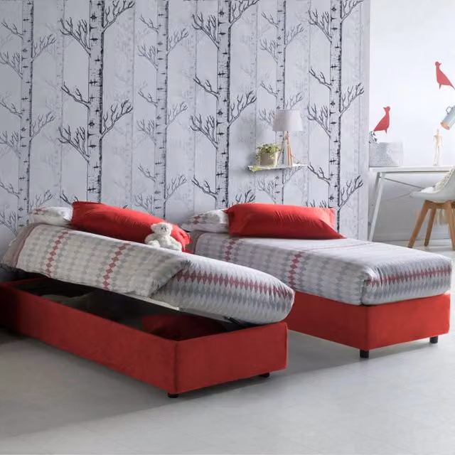 Letto singolo contenitore Abbi Talamo Italia con materasso incluso, rivestimento in tessuto rosso, apertura laterale, dimensioni materasso: 80 x 190 cm