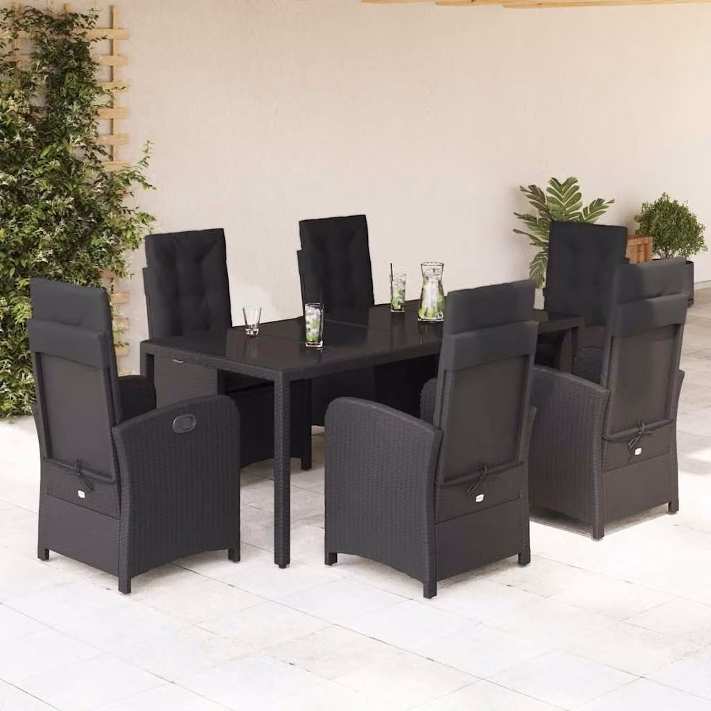 vidaXL Set da Pranzo da Giardino 7 pz in Polyrattan Nero con Piano in Vetro – 1