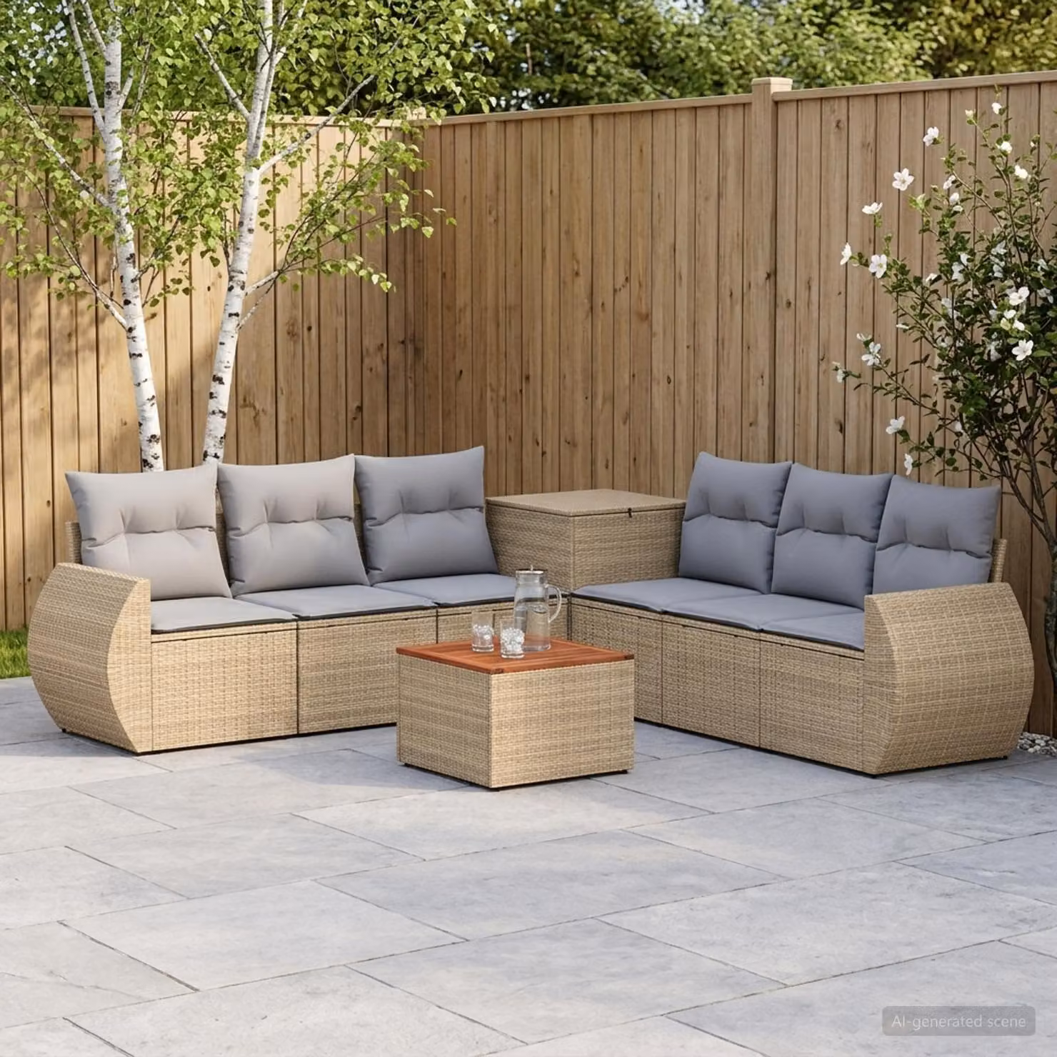 Set di divani da giardino vidaXL in polyrattan 8 pezzi Beige e Grigio Chiaro con cuscini e tavolino