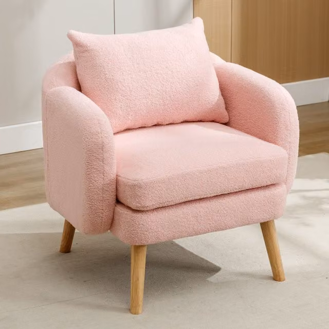 Poltrona Relax Moderna Aosom in Velluto Teddy e Bouclé Rosa con Piedini in Legno per Soggiorno e Camera da Letto