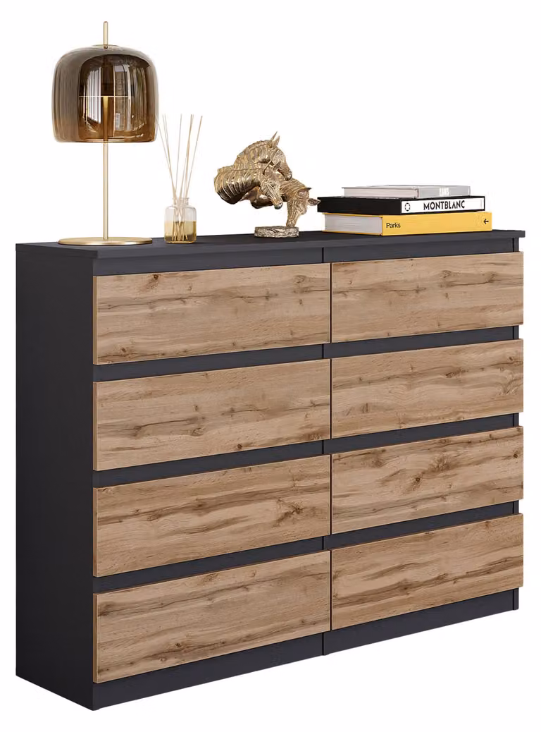 Comodà grigio antracite / rovere Wotan con 8 cassetti – Credenza moderna per camera da letto e soggiorno – Comodà capiente – GABRIEL