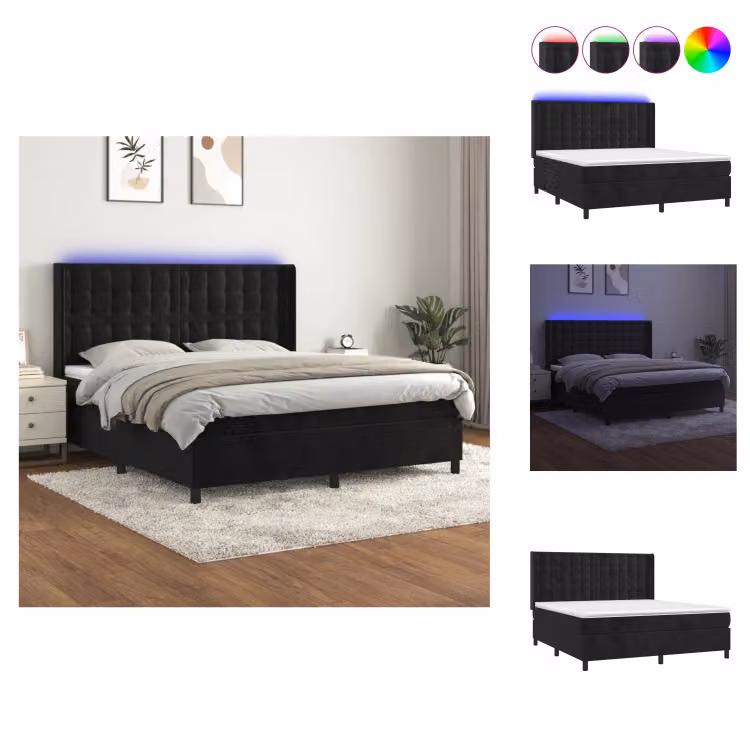 vidaXL Letto a molle con materasso e LED nero 160x200 cm in velluto - Letti e strutture letto