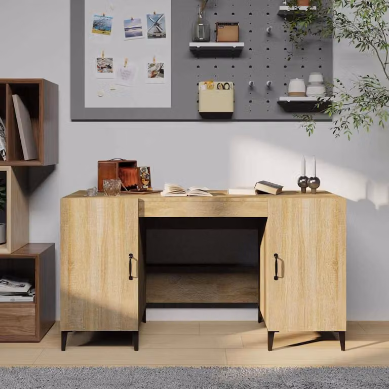 Scrivania da ufficio vidaXL in legno e metallo stile industriale, colore rovere e marrone, L 140 x P 50 x H 75 cm