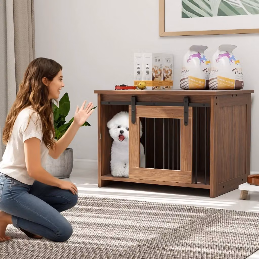 Cuccia per cani Design Mania in legno marrone con piano superiore e porta scorrevole – 2