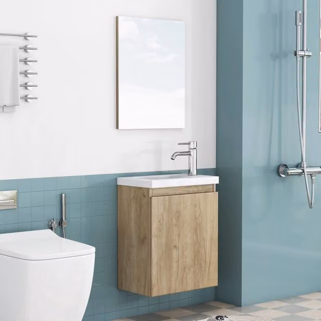 Mobile sottolavabo salvaspazio a parete Minimal con lavabo e specchio, bianco effetto legno rovere, design senza maniglie e ante soft-close – 1