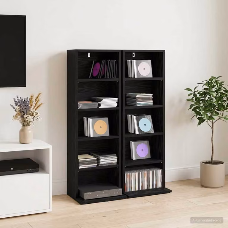 Set di 2 mobili porta CD vidaXL Rovere Nero con ripiani regolabili, L: 33 cm, P: 23,5 cm, H: 97,5 cm