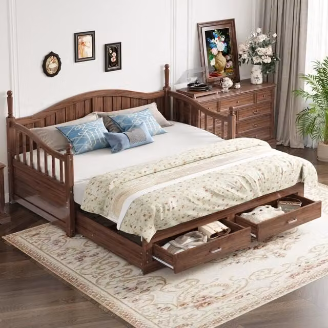 Letto divano singolo OKWISH estraibile con 2 cassetti in legno color noce, L/P/H: 90 x 190 cm – 1