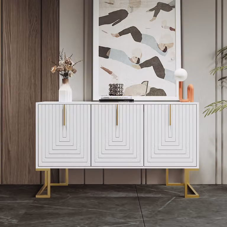 Credenza Merax a 3 ante con ripiani regolabili, cassettiera con base in metallo, credenza buffet, 138x80,5x40cm, bianco