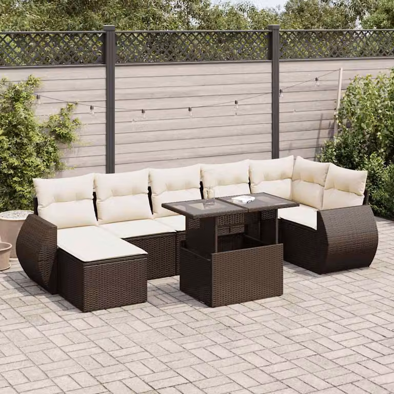 Set Divani da Giardino vidaXL 8 Pezzi in Polyrattan Marrone con Cuscini e Tavolino da Esterno a Forma di U