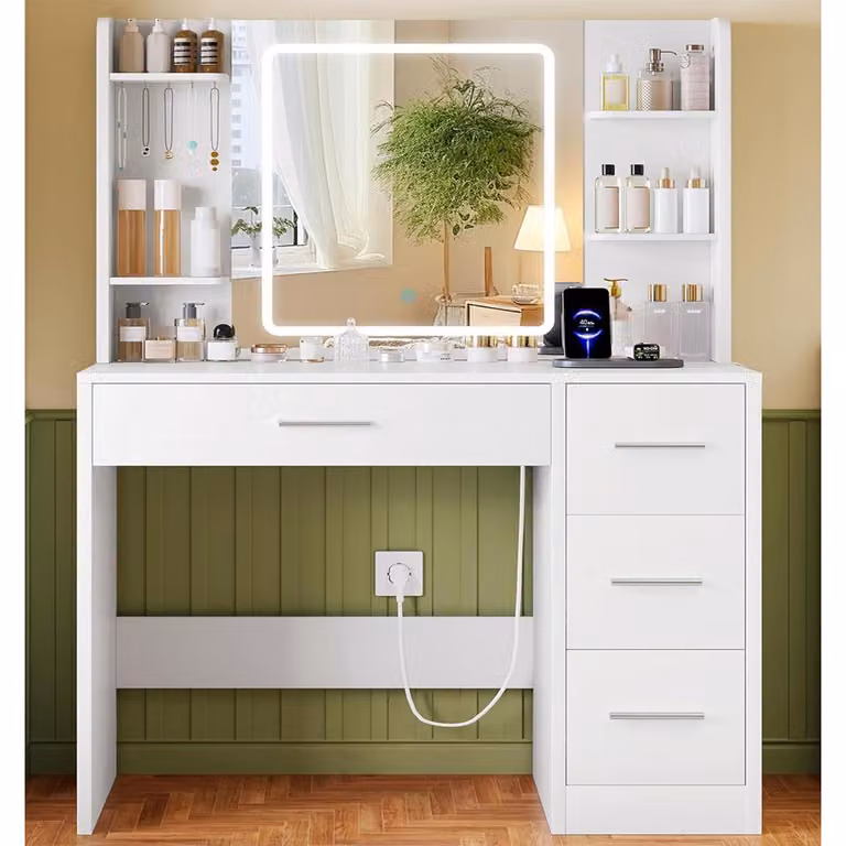 Comò da trucco con specchio e illuminazione a LED, 3 modalità di luce, 4 cassetti, 4 ripiani aperti, bianco