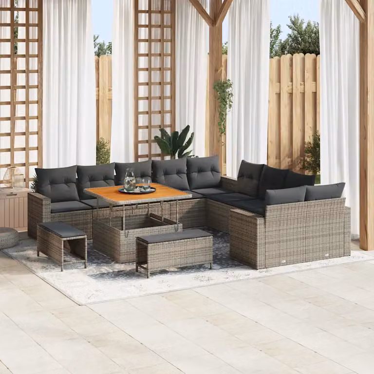 Set Divano da Giardino vidaXL 13 pz Grigio con Cuscini e Tavolino in Polyrattan e Acciaio