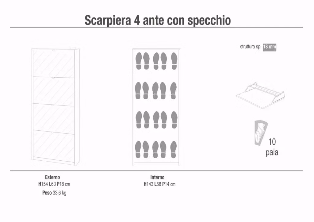 Scarpiera salvaspazio SARMOG con specchio e 4 ante, colore grigio, L: 63 cm, P: 18 cm, H: 154 cm – 2