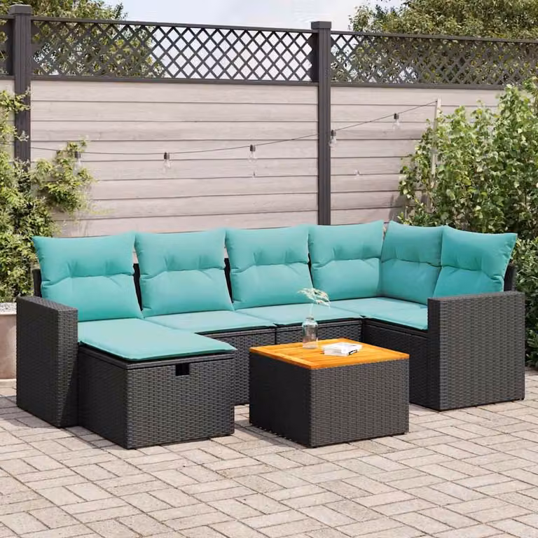 Set Divano da Giardino a L vidaXL con 7 Pezzi, Polyrattan e Cuscini Imbottiti, Colore Nero