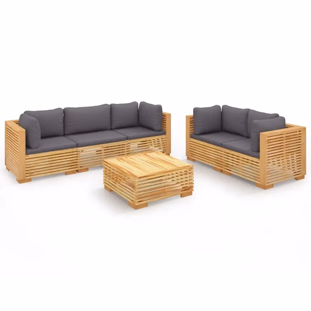 Set di Divani da Giardino vidaXL in Legno di Teak Massello con Cuscini Grigi, 6 Pezzi – 2