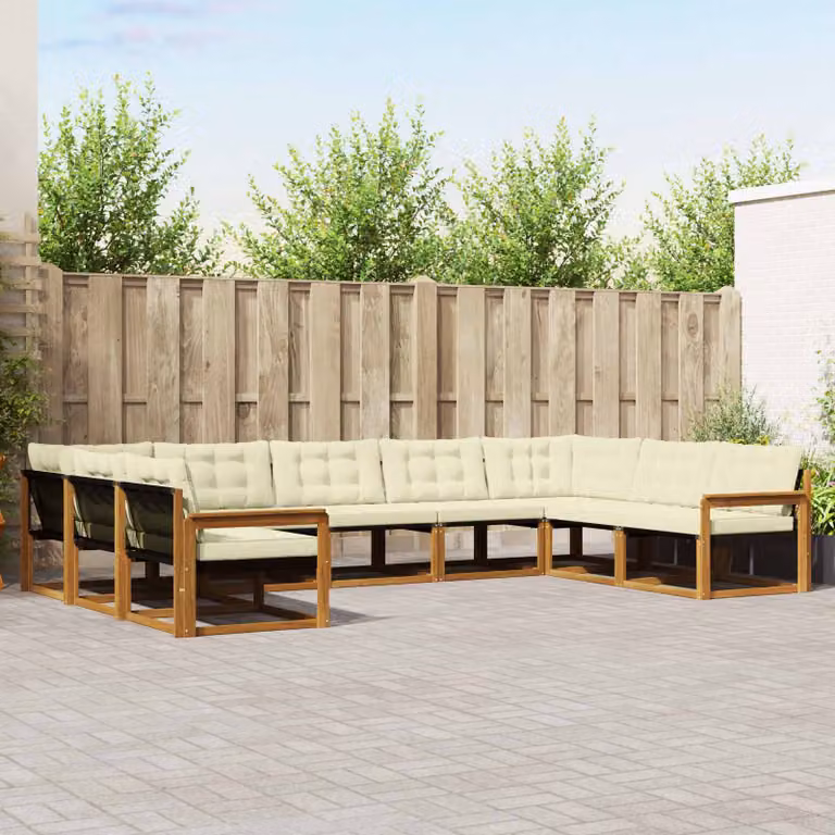 Set di divani da esterno vidaXL a forma di U composto da 9 pezzi in legno di acacia e textilene, colore beige e bianco