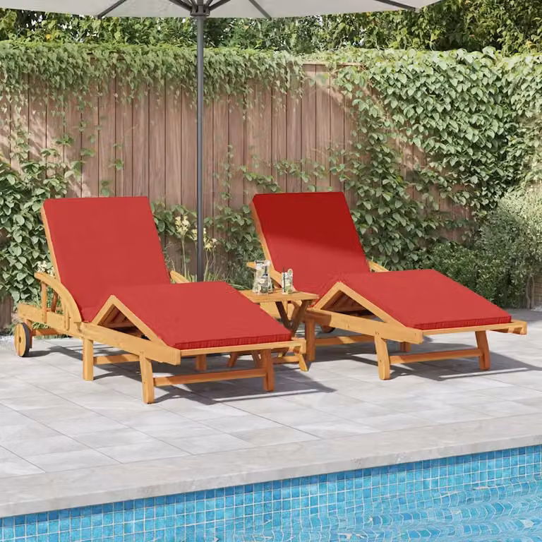 Set di 2 lettini da sole vidaXL in legno di acacia trattato, colore rosso/marrone, con poggiatesta regolabile e schienale articolato per giardino e terrazza