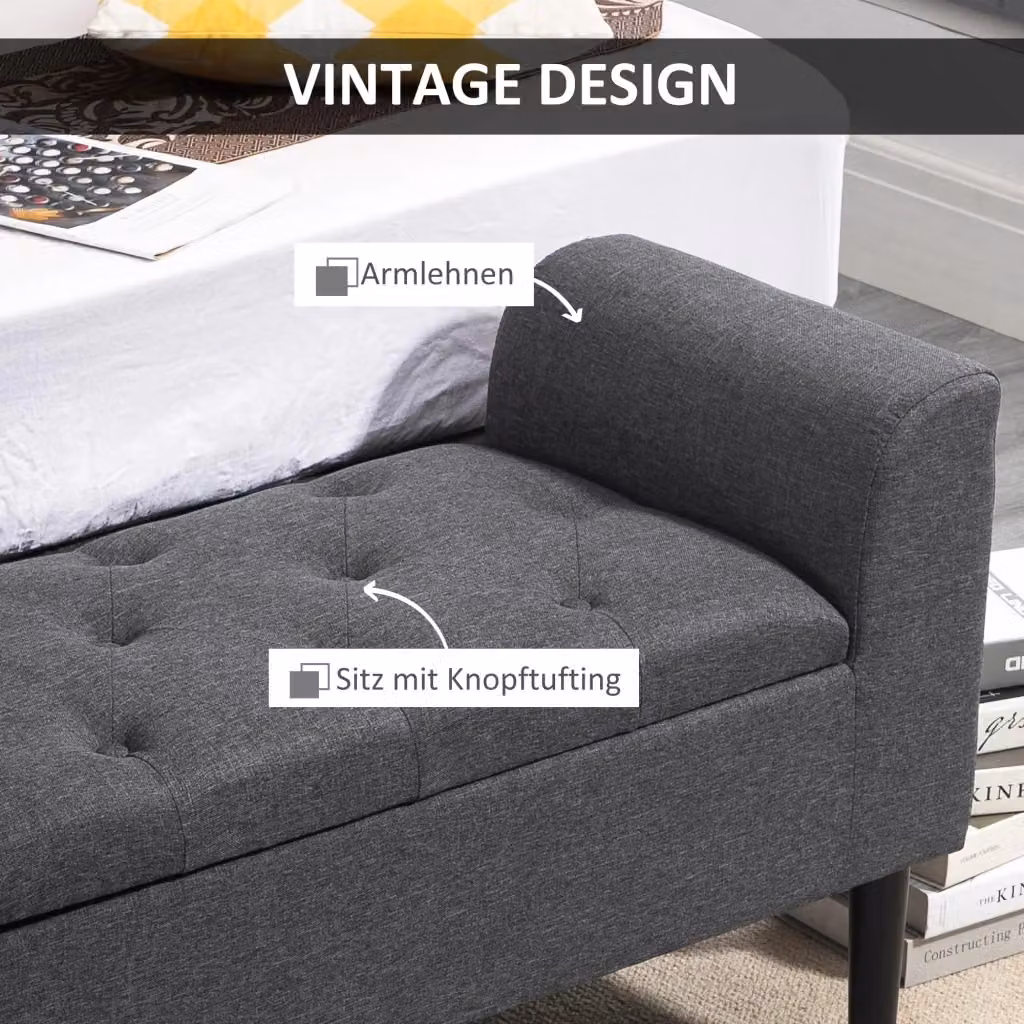 Banca contenitore imbottita OKWISH con vano portaoggetti e seduta pieghevole in poliestere grigio scuro L: 116 cm, P: 44 cm, H: 58 cm – 2