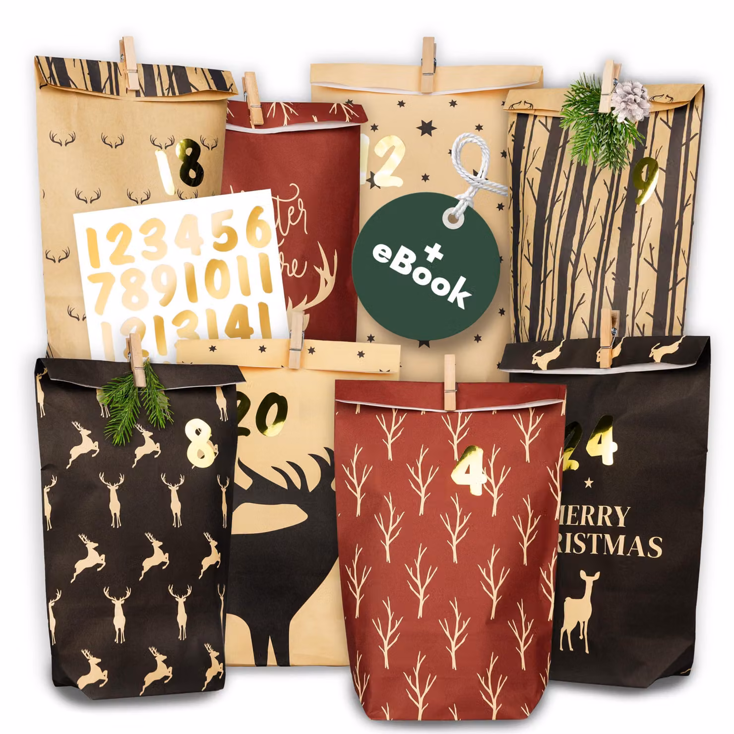 Calendario dell'Avvento da riempire, n. 15, con decoro a forma di cervo - 24 sacchetti di carta per l'Avvento (con mollette di legno) da decorare per Natale - Sacchetti di carta natalizi