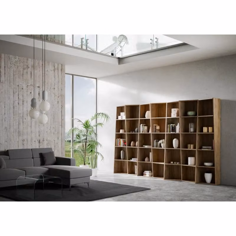 Libreria Trek Itamoby con 7 elementi in colore noce, design moderno per soggiorno o ufficio, L: 200 cm, H: 317 cm, P: 35 cm – 2