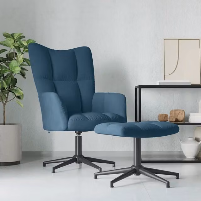Poltrona Relax con Poggiapiedi vidaXL in Velluto Blu con Struttura in Metallo e Sedia Girevole a 360 Gradi – 1