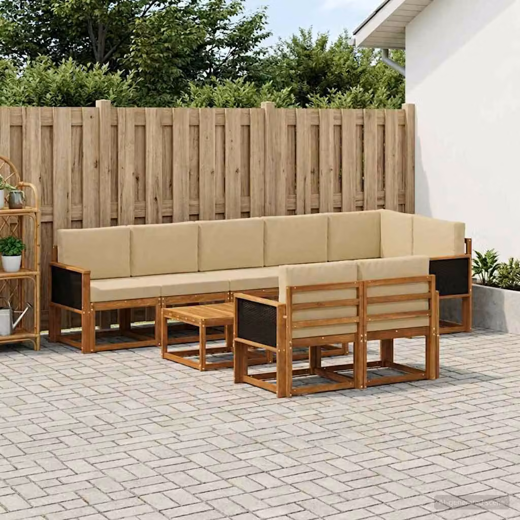 vidaXL Set di divani da esterno a forma di U in legno di acacia con tavolino da caffè, 9 pezzi, Beige e Marrone