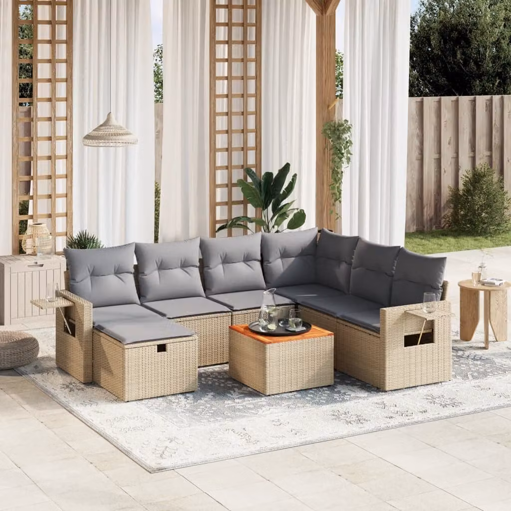 vidaXL Set Divano da Giardino 8 pz a Forma di L con Cuscini Beige e Grigio in Polyrattan e Acciaio – 1