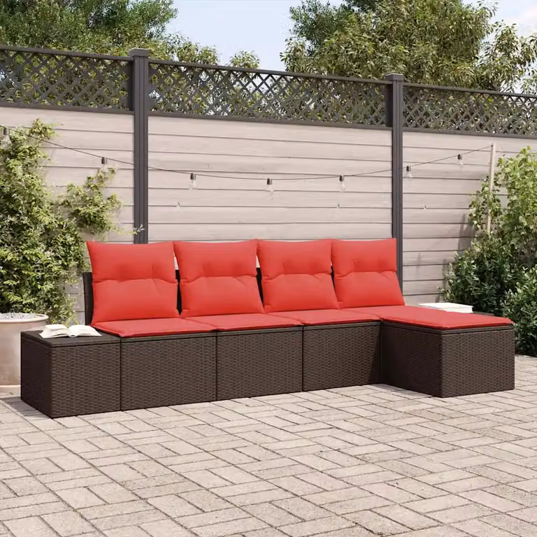 Set Divano da Giardino L-Shape vidaXL 5 Pezzi in Polyrattan Marrone e Rosso con Cuscini e Struttura in Acciaio Verniciato a Polvere