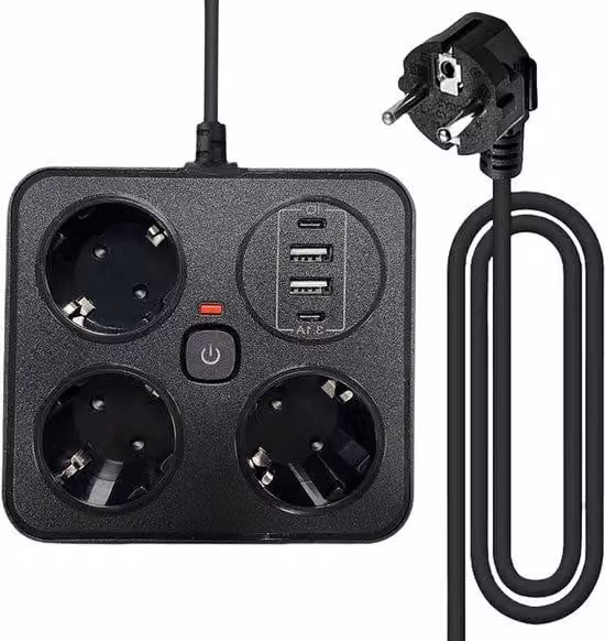 Presa tripla con 2 porte USB, interruttore e cavo a spirale da 2 m