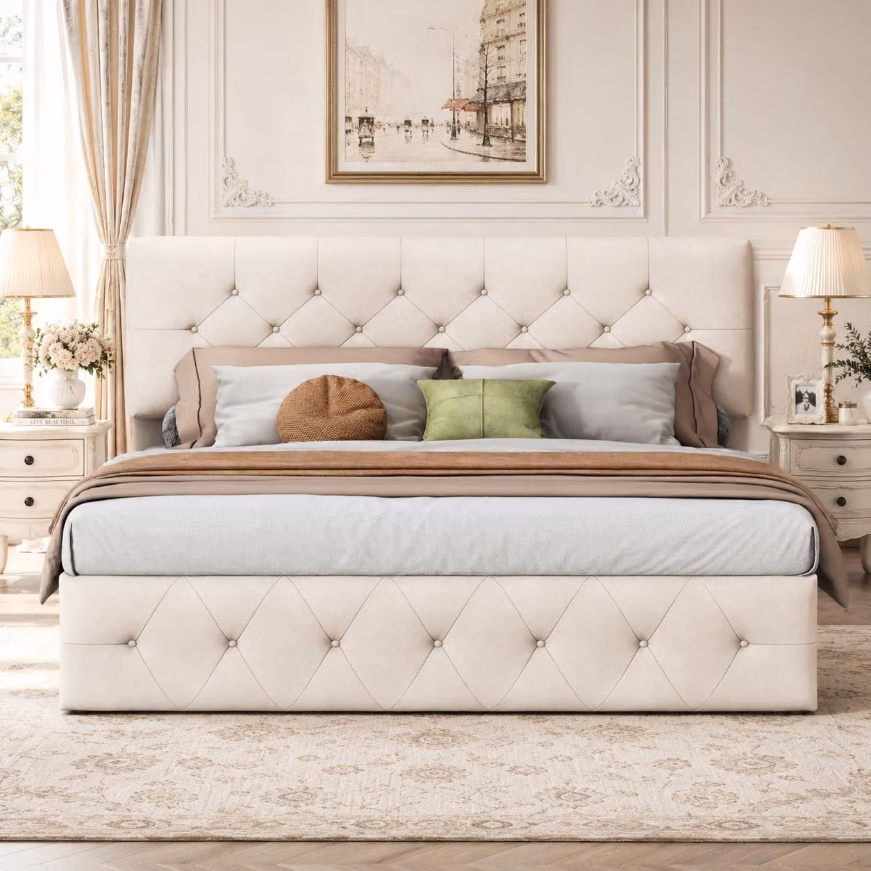 Letto matrimoniale con boxspring 140x200 cm, completo di rete a molle, con struttura imbottita, sistema di sollevamento idraulico e spazio contenitore. Letto per giovani con struttura e contenitore integrato, rivestito in velluto color beige