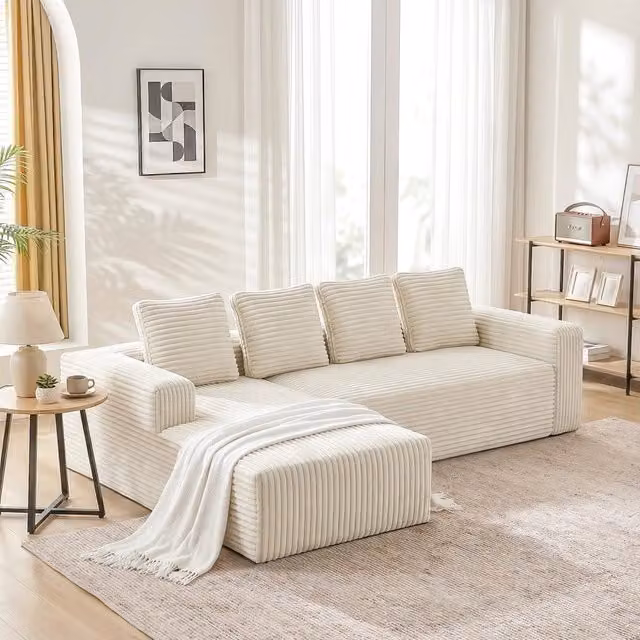 Divano modulare a L con chaise longue reversibile senza montaggio in velluto a coste beige