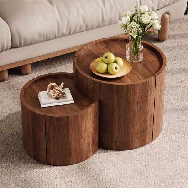 Tavolino da caffè rotondo MODFU in MDF laminato marrone con contenitore, L: 47,5 cm, P: 47,5 cm, H: 40 cm