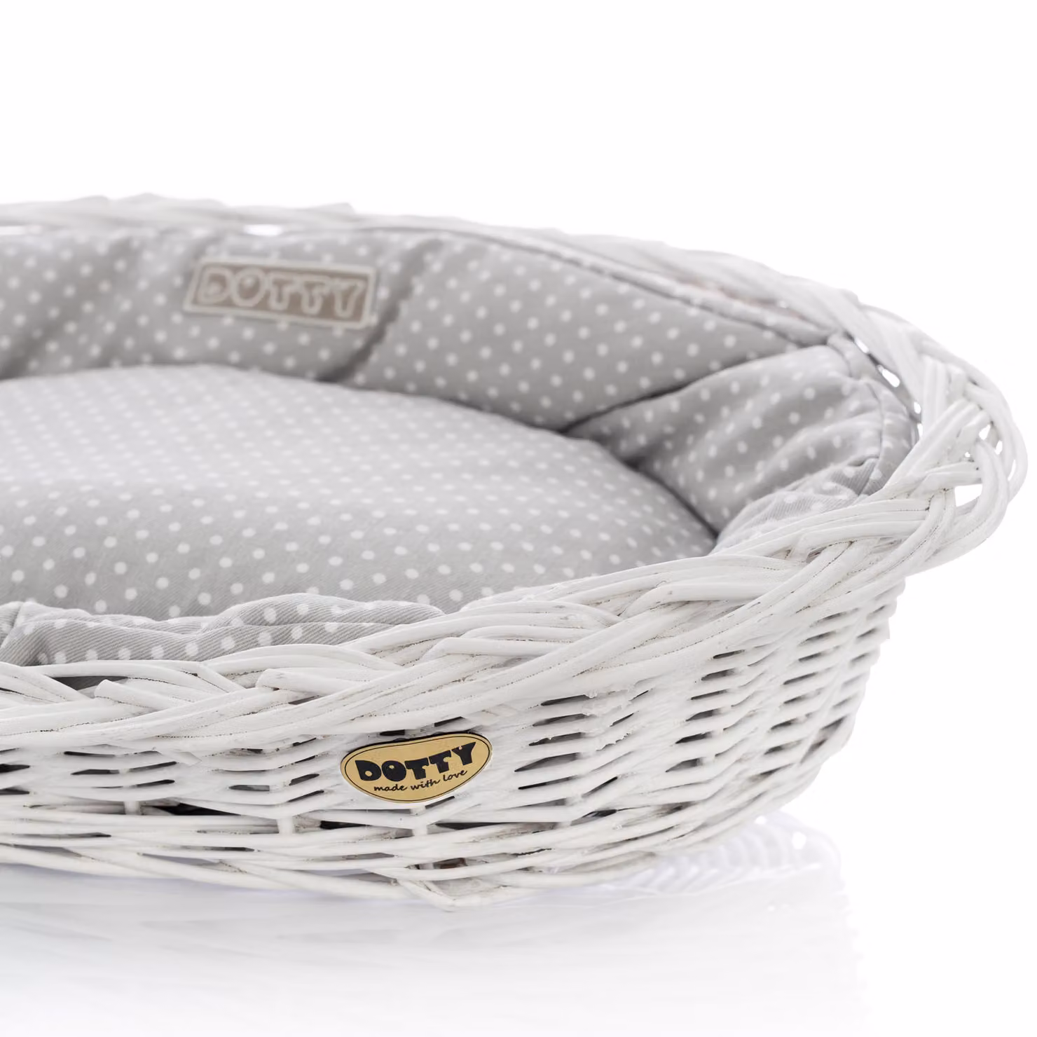Cesto in vimini bianco sbiancato per cani Cesto Wiki con cuccia in cotone - Grigio a pois bianchi - DOTTY