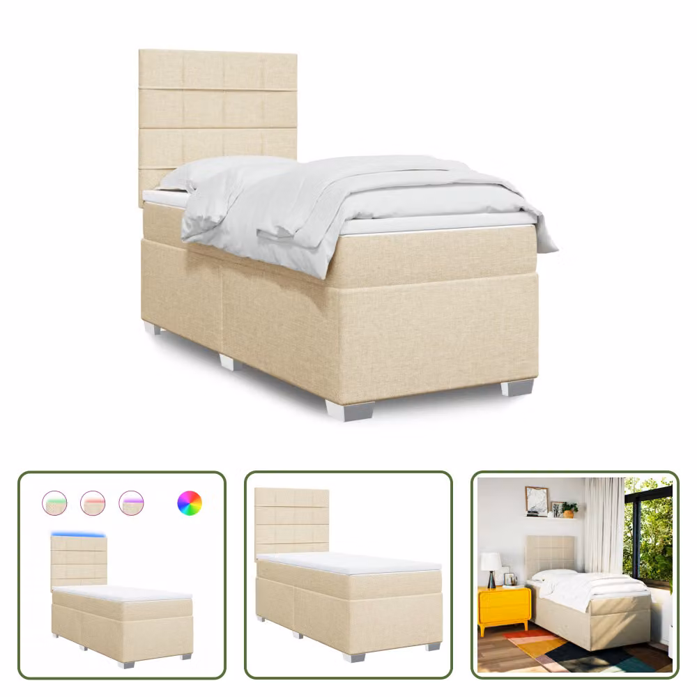 The Living Store Letto a molle con materasso crema 90x190 cm in tessuto