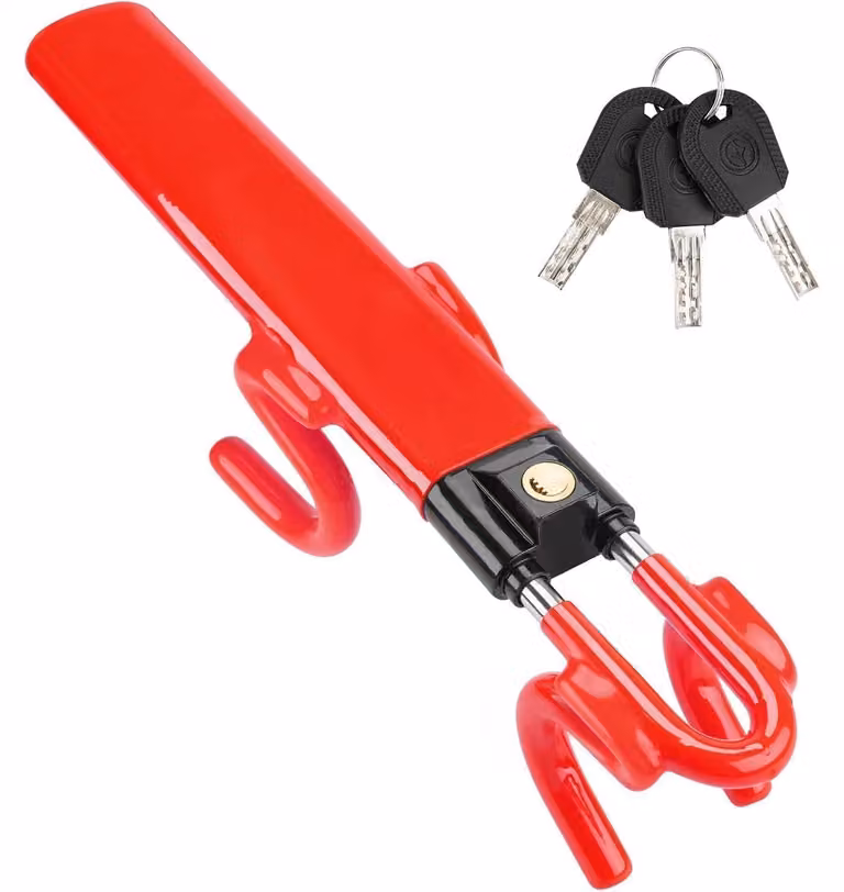 Blocco per volante, sistema antifurto regolabile, colore rosso, con 3 chiavi