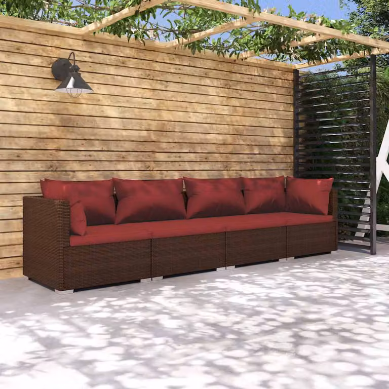 Set Divani da Giardino vidaXL 4 posti in Polyrattan Marrone con Cuscini e Struttura in Acciaio Verniciato a Polvere