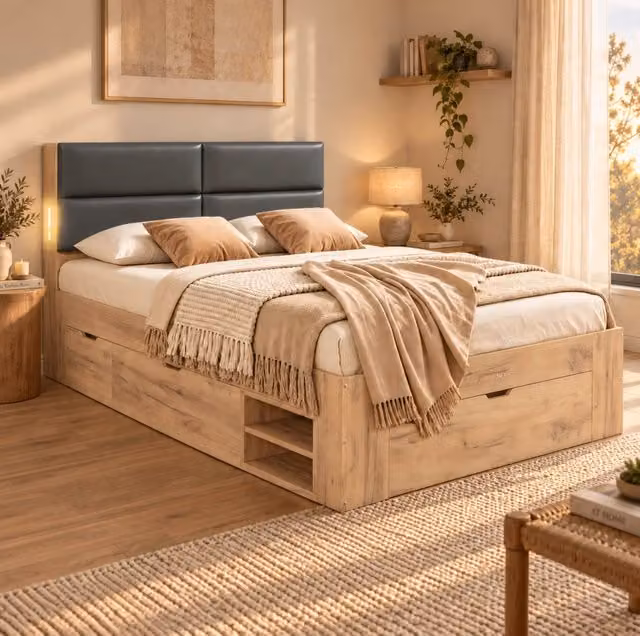 Letto contenitore 140x200 cm in MDF color naturale; con testiera imbottita; cassetti; luce integrata e porte USB