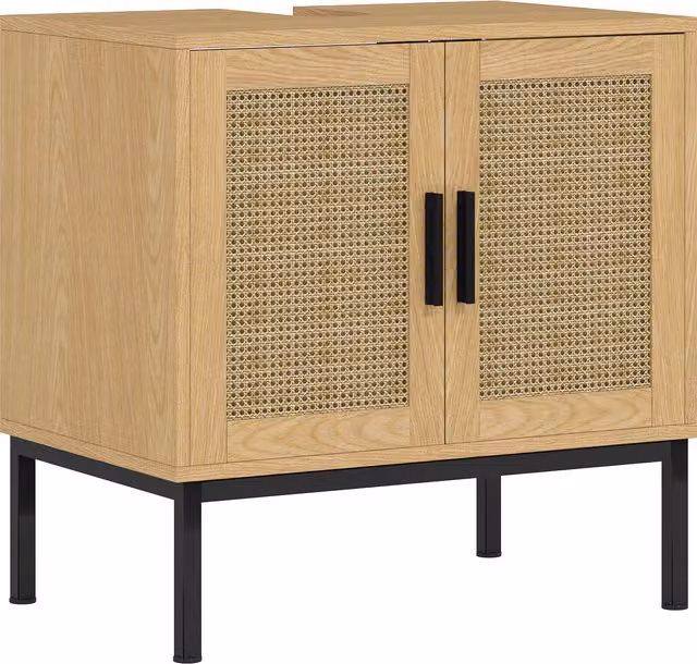Mobile sottolavabo kleankin in stile boho con elementi in rattan e finitura rovere