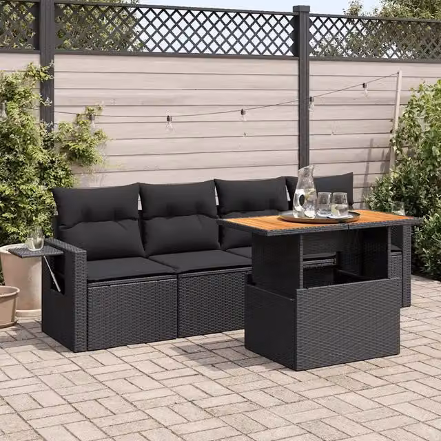 Set Divani da Giardino 5 pz con Cuscini in Polyrattan Nero 3327093