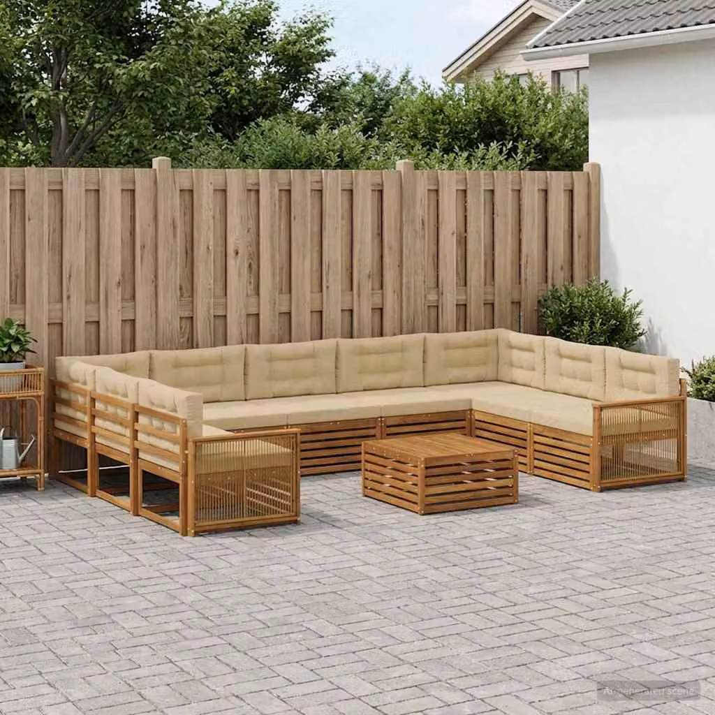 Set di divani da esterno vidaXL in legno di acacia con tavolo da caffè, 10 pezzi, Beige e Marrone