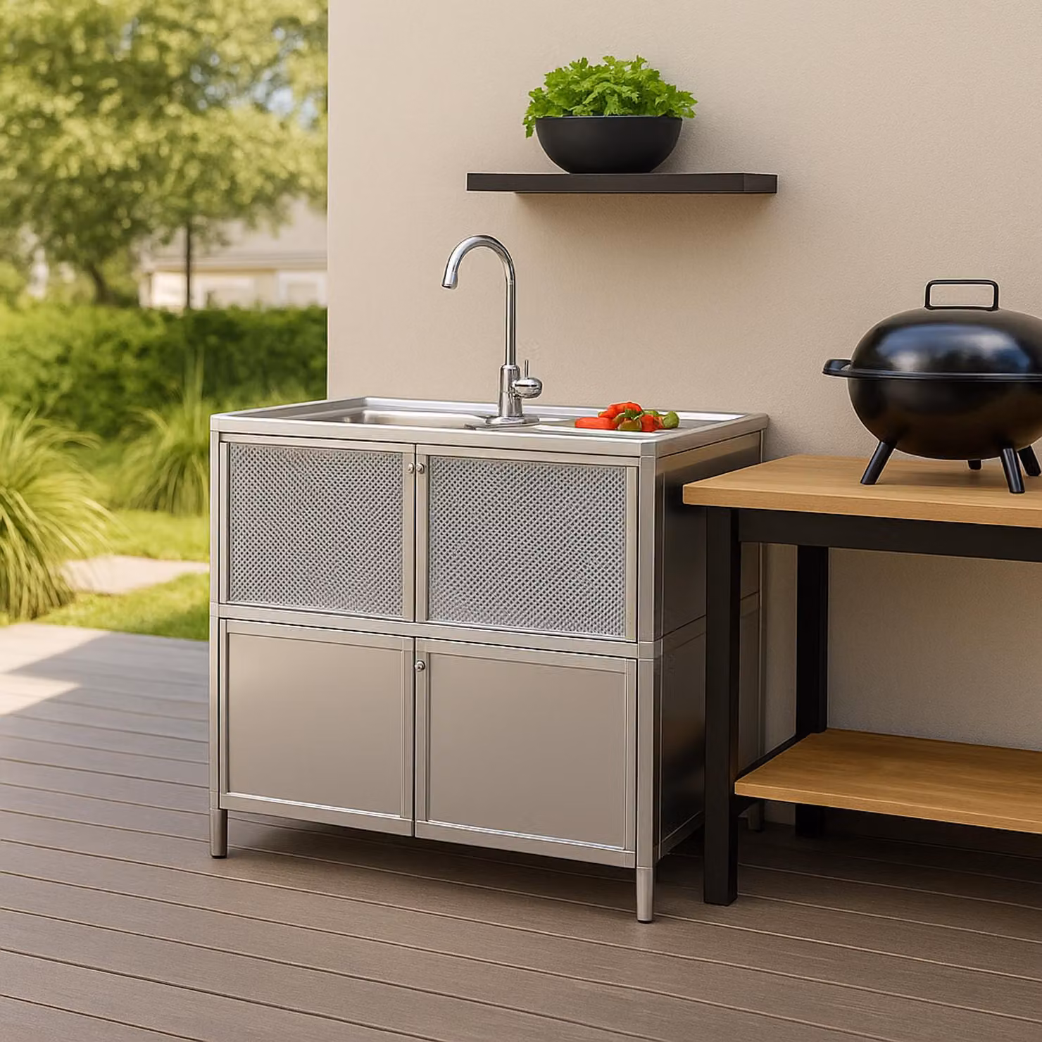 Lavello con piano di sgocciolamento e mobile sottolavello per cucina da esterno, color argento