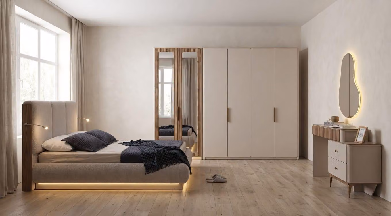 Set completo per camera da letto di alta qualità: letto elegante, armadio, comò in legno