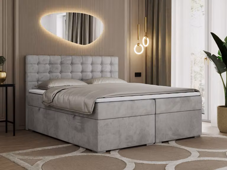 Letto boxspring 120x200 con contenitore, letto 120x200 con materasso e topper - SUSAN - 120x200 - Grigio chiaro - Velvet - H4